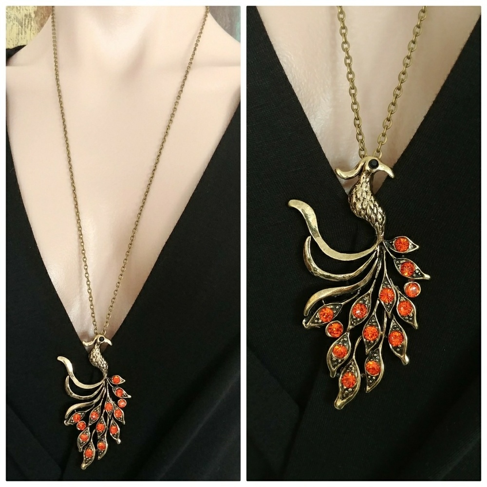 MARYSOL PEACOCK BRASS TONE RHINESTONE 27.5" NECKLC